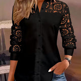 Blouse Couleur Unie Revers Dentelle Patchwork