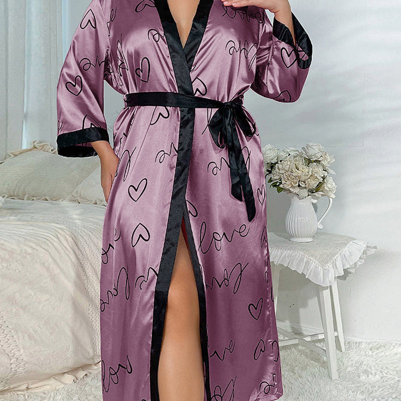 Robe pyjama sexy en imitation soie imprimée, grande taille