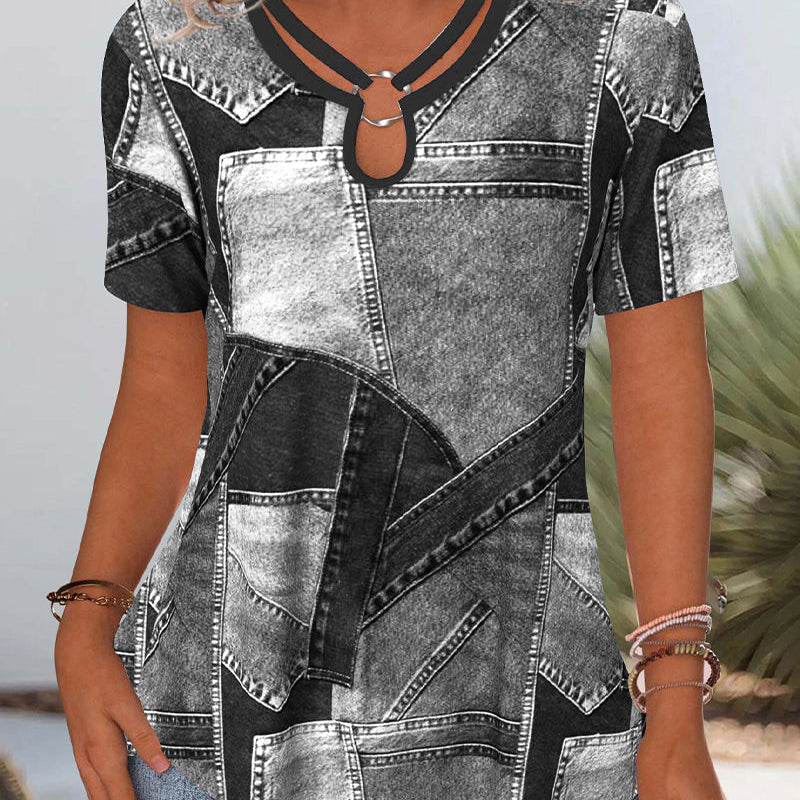Blouse Vintage Jean Contraste Découpée