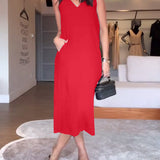 robe décontractée col en V sans manches couleur unie fendue