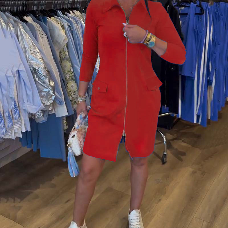 Robe Col Unie Fermeture Éclair Manches Longues