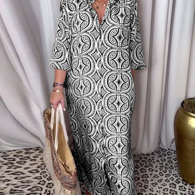 Robe longue imprimée vintage avec poche à revers