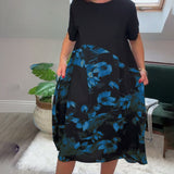 Robe patchwork décontractée à imprimé floral et col rond