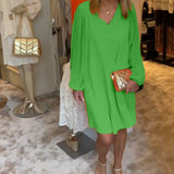 Robe col en V à manches lanternes de couleur unie