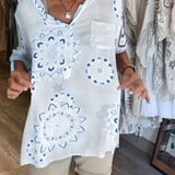 Blouse Polyvalente Col En V Imprimée Manches Mi-Longues