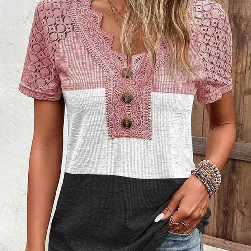T-shirt en dentelle à bloc de couleur