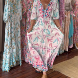 Robe longue femme col V imprimé feuilles