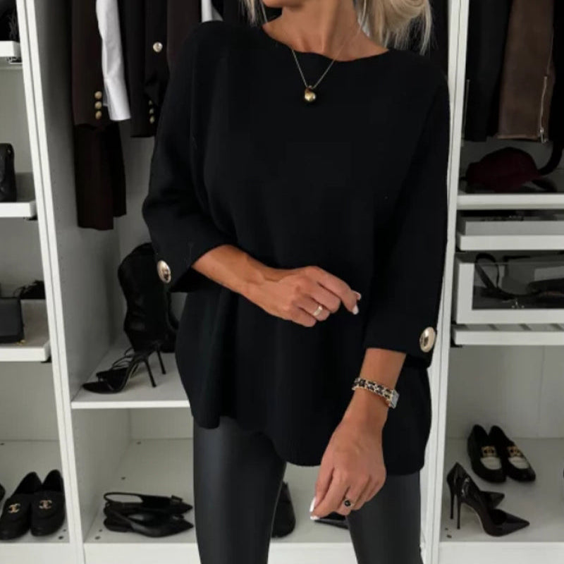 Pull tendance à boutons et col rond de couleur unie