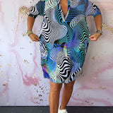 Robe à poches imprimée colorée avec col en V et demi-manches