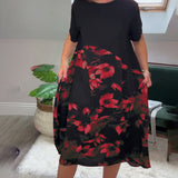 Robe patchwork décontractée à imprimé floral et col rond