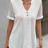 T-shirt uni en dentelle col V
