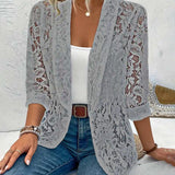 Manteau élégant à revers en dentelle florale de couleur unie
