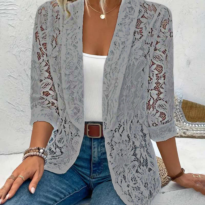 Manteau élégant à revers en dentelle florale de couleur unie