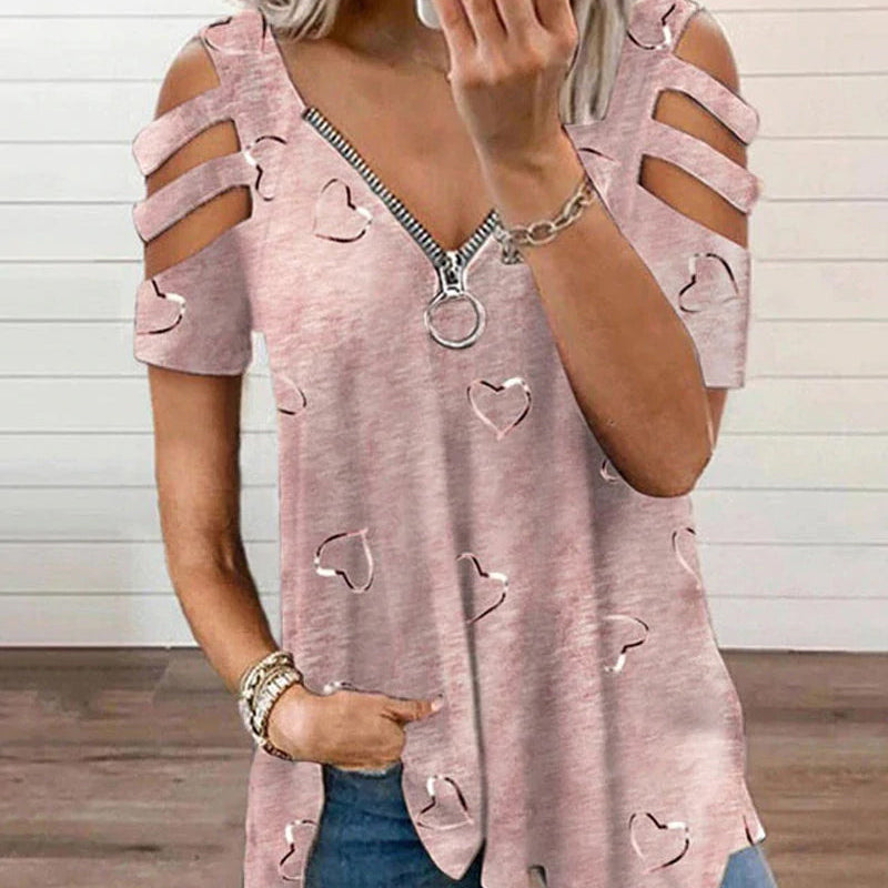 T-shirt zippé à col en V avec imprimé cœur