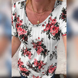 T-Shirt À Col Rond Imprimé Floral Plissé