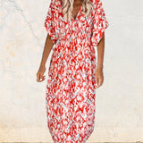 Robe tendance à col en V imprimée à manches courtes
