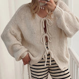 Cardigan à lacets de couleur unie de style paresseux