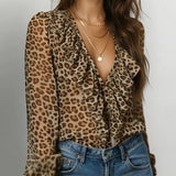 Blouse À Volants Col En V Imprimé Léopard