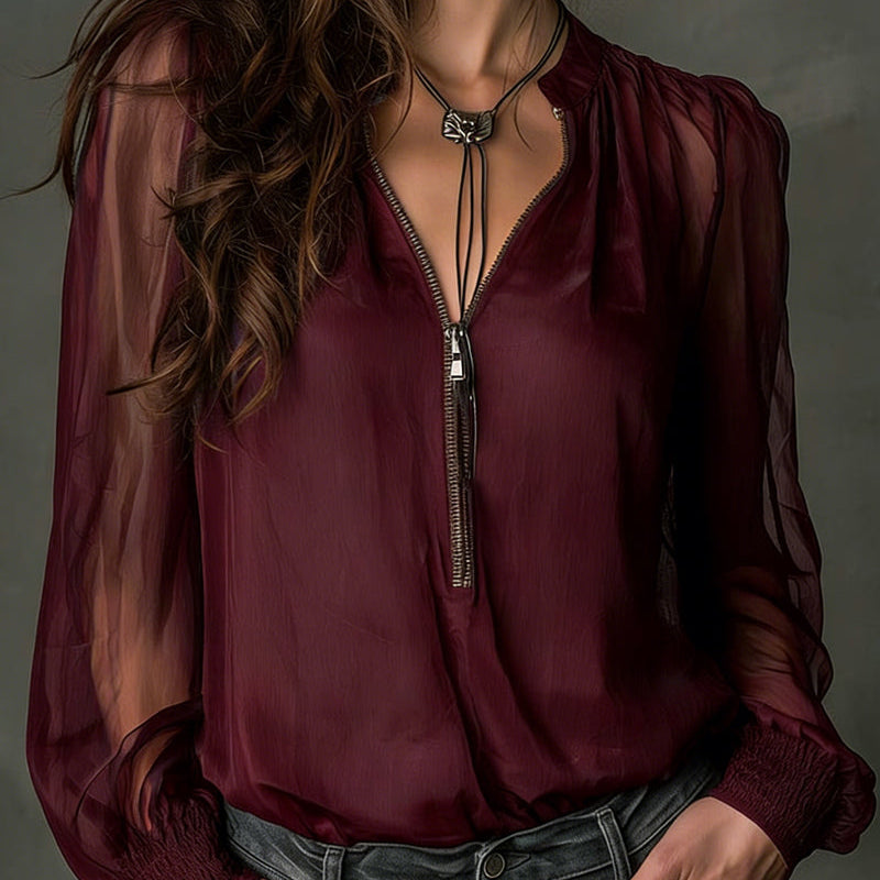 Blouse Demi-zippé Maille Manches-longues