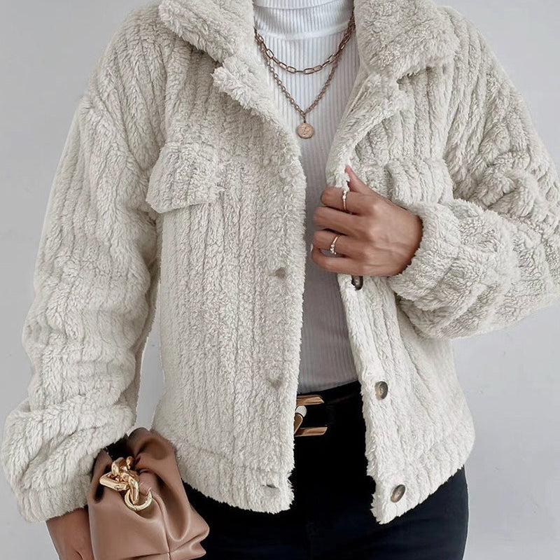 Manteau épais décontracté de couleur unie avec revers boutonné et manches longues