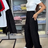 Pantalon Élégant Haute Taille Brillant Large Jambe
