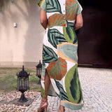 Robe fendue à manches courtes et imprimé feuilles