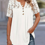 T-Shirt Creux Dentelle Patchwork Plissé