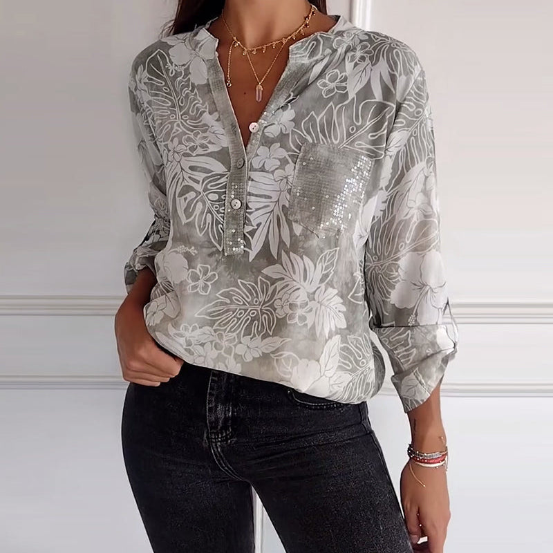 Haut imprimé feuilles à sequins patchwork