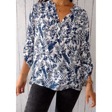 Blouse décontractée boutonnée imprimé feuilles, col V et manches neuf-quarts