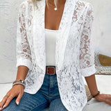 Manteau élégant à revers en dentelle florale de couleur unie