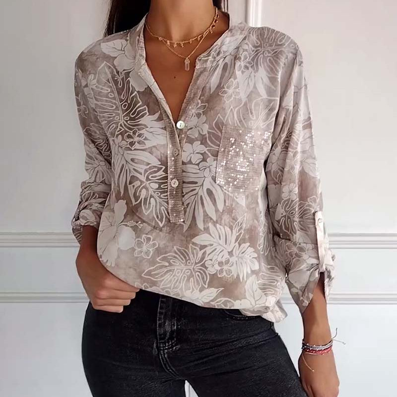 Haut imprimé feuilles à sequins patchwork