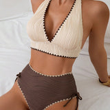 Bikini Two-Piece Set Avec Col Halter et Design Couleurs Contraste