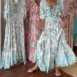 Robe longue femme col V imprimé feuilles