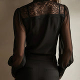 Blouse Dentelle-Insérée Col Montant Nœud