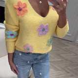 Pull Manches Longues Fleuri Col En V