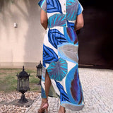 Robe fendue à manches courtes et imprimé feuilles