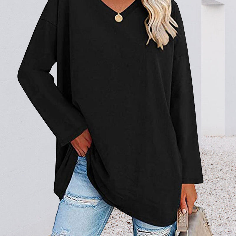 T-shirt femme uni col V manches longues
