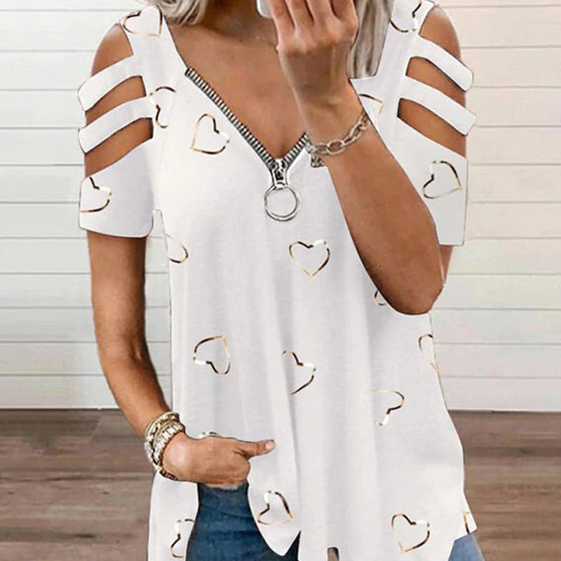 T-shirt zippé à col en V avec imprimé cœur