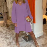 Robe col en V à manches lanternes de couleur unie