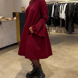 Robe Uni Manche Évasée Froncé