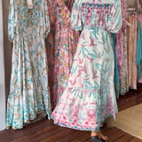 Robe longue femme col V imprimé feuilles
