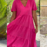 Robe en coton lin avec col en V de couleur unie