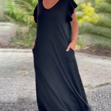 Robe longue de couleur unie avec poche et manche courte