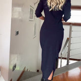 Robe élégante plissée à col rond de couleur unie