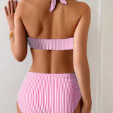 Maillot De Bain Haute Taille Rayé Deux-Pièces Triangle