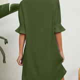 Robe à manches mi-longues froncées de couleur unie à col en V
