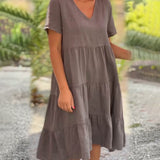 Robe en coton lin avec col en V de couleur unie