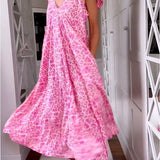 Robe longue col V en imprimé à manches courtes