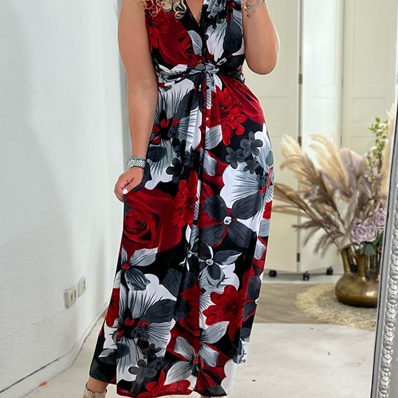 Robe élégante plissée sans manches à imprimé floral
