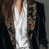 Blazer Femme Slim Fit Noir avec Revers et Imprimé Baroque